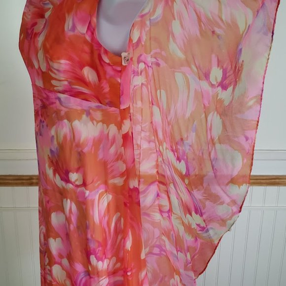 SOLD Vtg 60s Maxi Dress Women's Size 12 Watercolor Floral Pink Orange Capelet - Picture 8 of 13